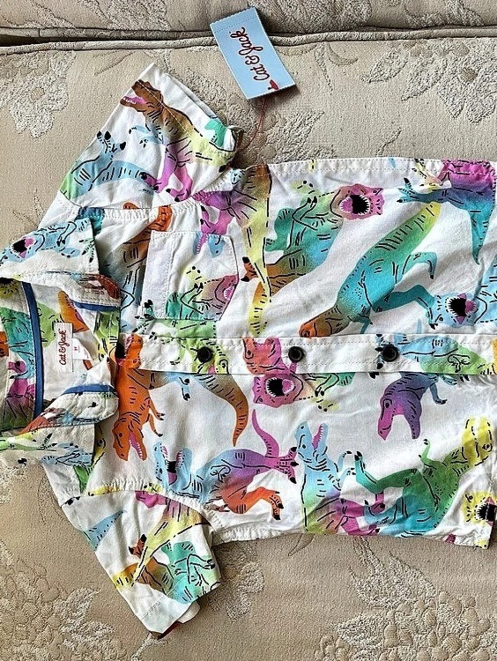 Cat & Jack Dino Cream Print Short Sleeve Button Down Shirt Boys 2T